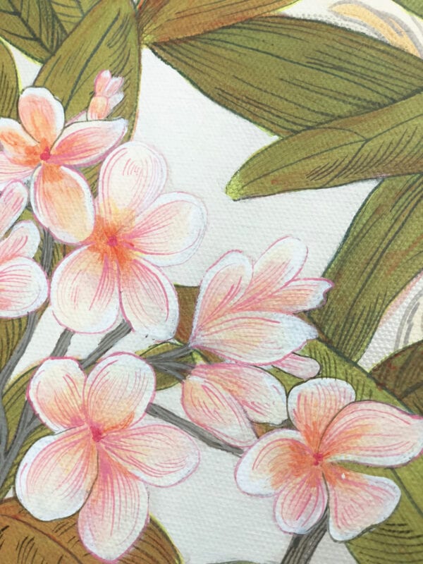 A close up of A Jungle Gathering with pink flowers and leaves.