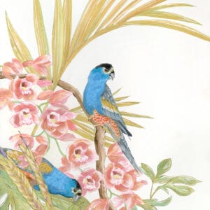 Two "A Parrot’s Life for Me" parrots perched on a branch of orchids.