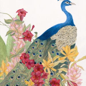 A Peacock’s Paradise" peacock painting featuring a peacock adorned with vibrant flowers.
