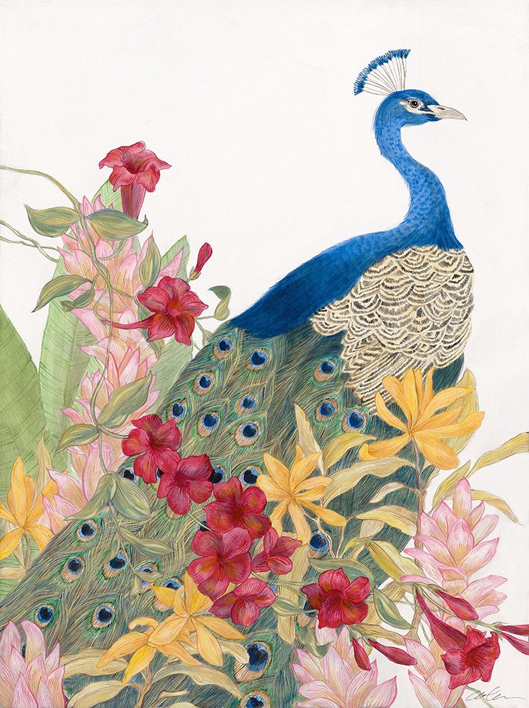A Peacock’s Paradise" peacock painting featuring a peacock adorned with vibrant flowers.