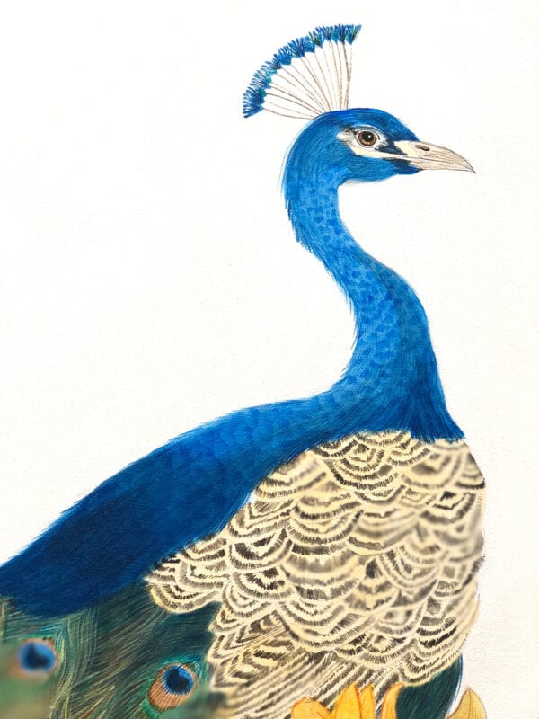 A Peacock’s Paradise" peacock painting of a blue peacock with yellow feathers.