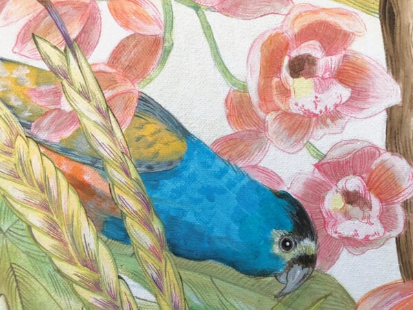 A Parrot’s Life for Me" parrot orchid art painting of a blue parrot and orchids.