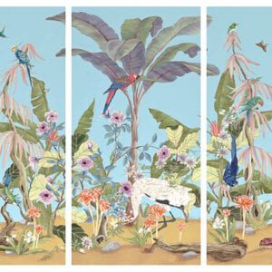 Three panels with "Palm Beach Paradise" tropical Chinoiserie in the background.