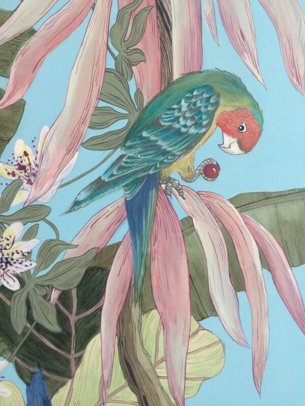 A "Palm Beach Paradise" tropical Chinoiserie painting of a colorful parrot sitting on a palm branch.