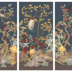 A set of three "Pheasants and Forest" chinoiserie panels featuring pheasants and birds, with a particular focus on pheasants.