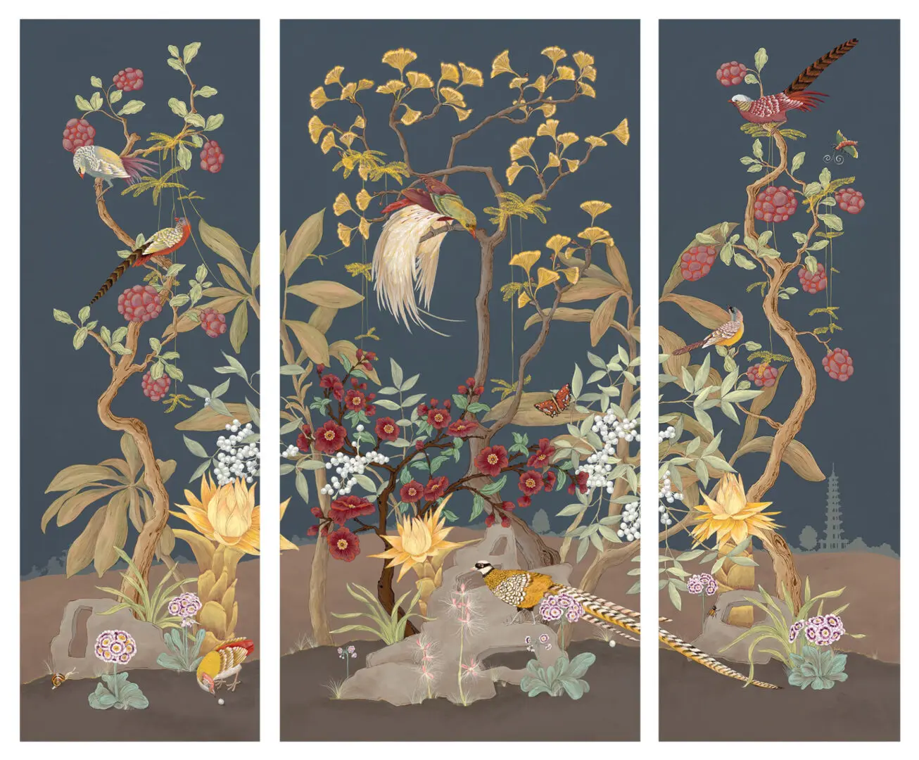 A set of three "Pheasants and Forest" chinoiserie panels featuring pheasants and birds, with a particular focus on pheasants.