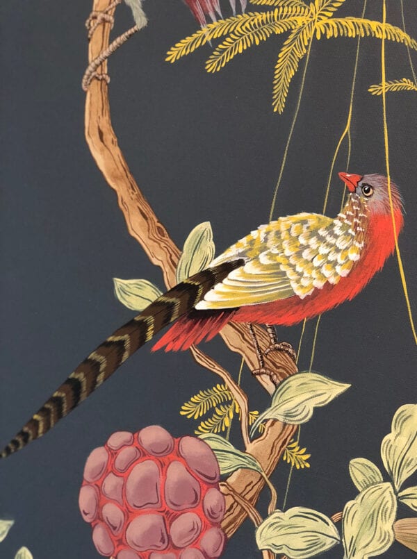 A Pheasants and Forest chinoiserie painting of pheasants on a branch with berries.
