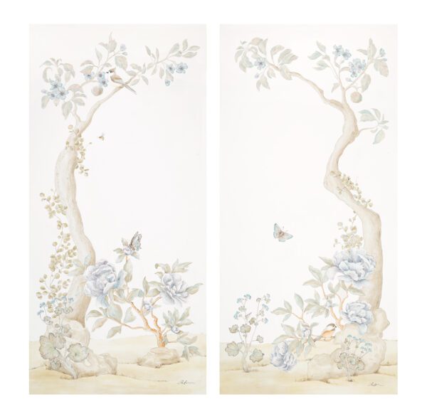 A pair of blue and white "Quiet Garden II" Chinoiserie panels featuring flowers and butterflies in a garden motif.