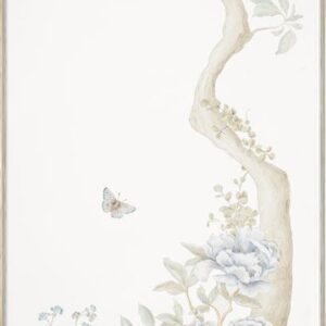 A Quiet Garden II panel depicting a tranquil garden scene with a tree adorned in vibrant blue flowers and a graceful butterfly.