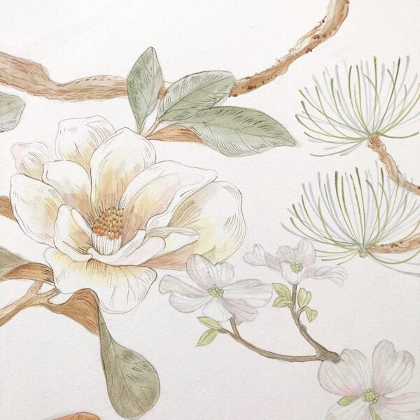 A Southern Woodlands-inspired watercolor painting of magnolia leaves and flowers, capturing the essence of southern style.