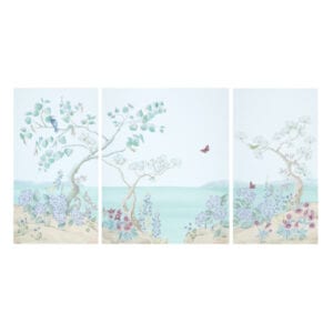 A set of three "New England Harbor" chinoiserie art prints featuring trees and birds in a harbor setting.