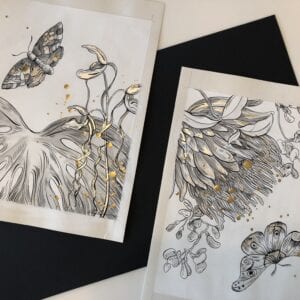 Two Tropical Dreams (diptych) of black and gold flowers and butterflies.
