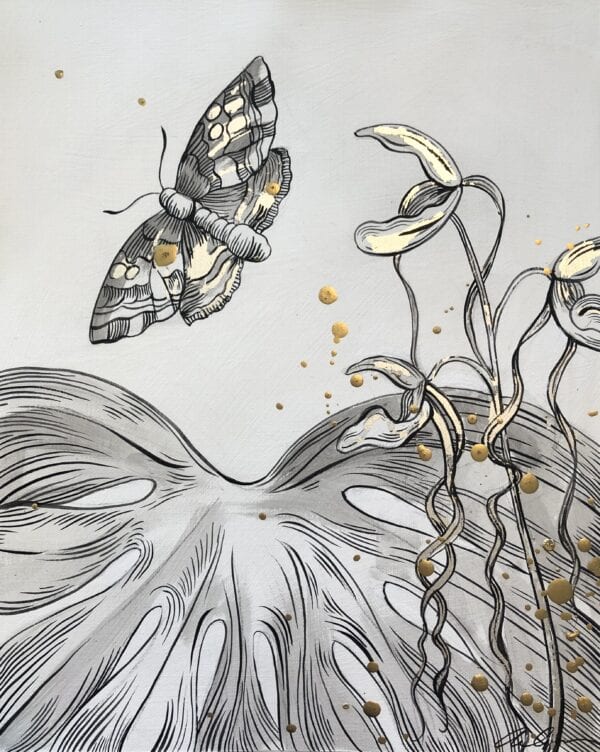 An affordable art piece showcasing Tropical Dreams (diptych), a delicate moth graciously flying over a vibrant flower.