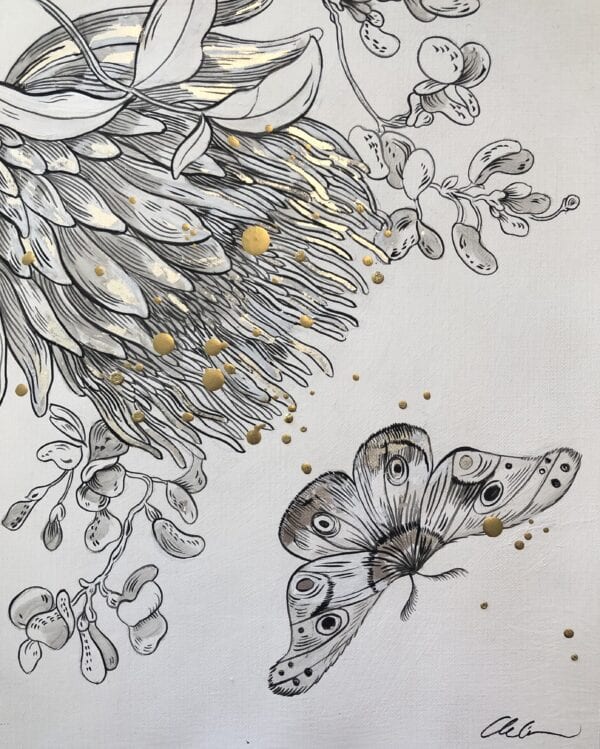 An original art drawing of Tropical Dreams, a flower with a butterfly on it, inspired by chinoiserie. Perfect for art collectors.
