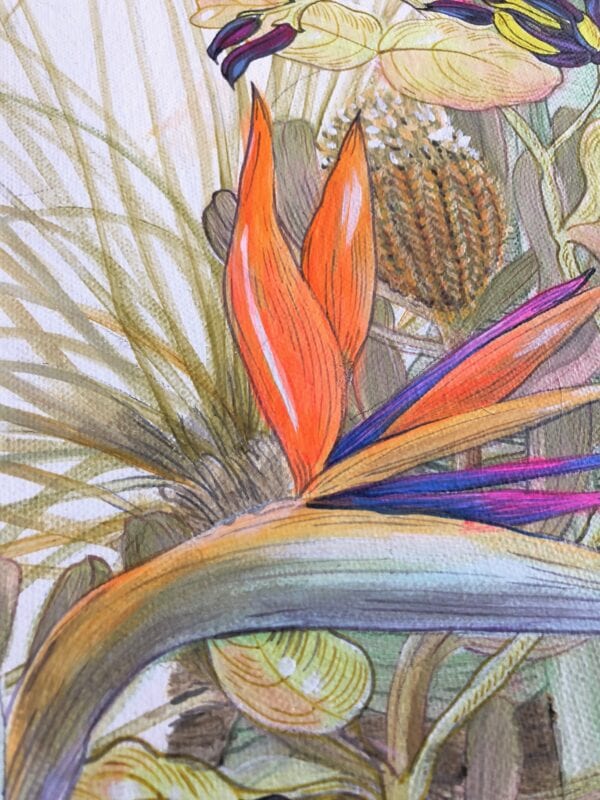 A drawing of a "Bird of Paradise" Tropical parrot bird painting.