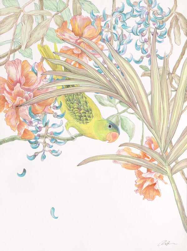 An illustration of "I Heard it Through the Jade Vine" blue-naped parrot perched on a branch of jade vine flowers.