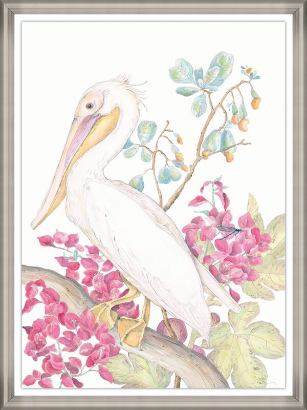 A beautiful "My Mykonos Morning" pelican art print featuring a white pelican perched on a branch adorned with pink flowers.