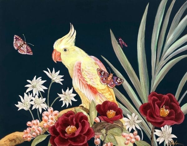 A "Tropical Therapy" parrot cockatoo painting with a yellow cockatoo, adorned with flowers and butterflies.