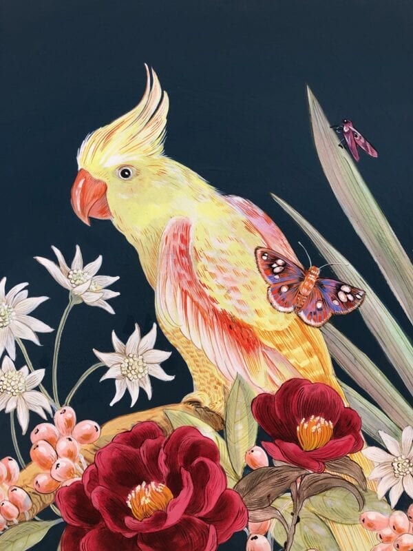 A "Tropical Therapy" parrot cockatoo painting with flowers and butterflies.