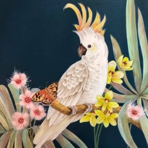 A jungalow-style painting of a Cockatoo Party perched on a branch.