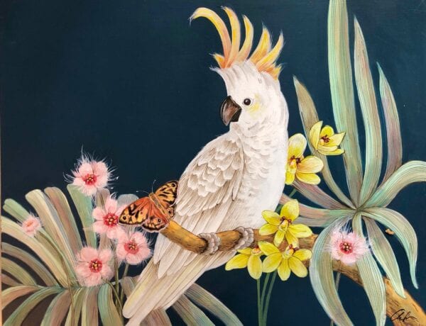 A jungalow-style painting of a Cockatoo Party perched on a branch.