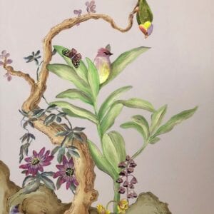An original painting of birds and flowers on a tree, perfect for jungle enthusiasts and art collectors, Olivia's Garden.