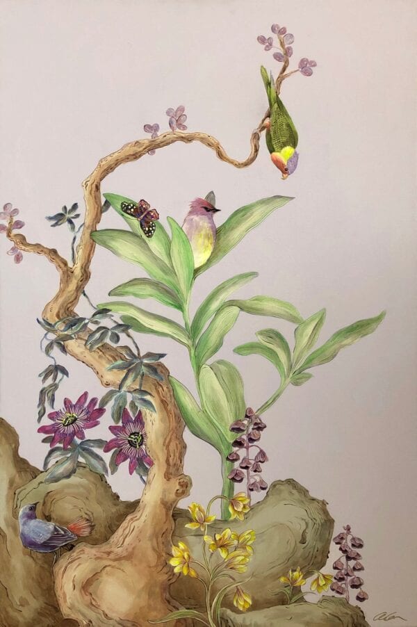 An original painting of birds and flowers on a tree, perfect for jungle enthusiasts and art collectors, Olivia's Garden.