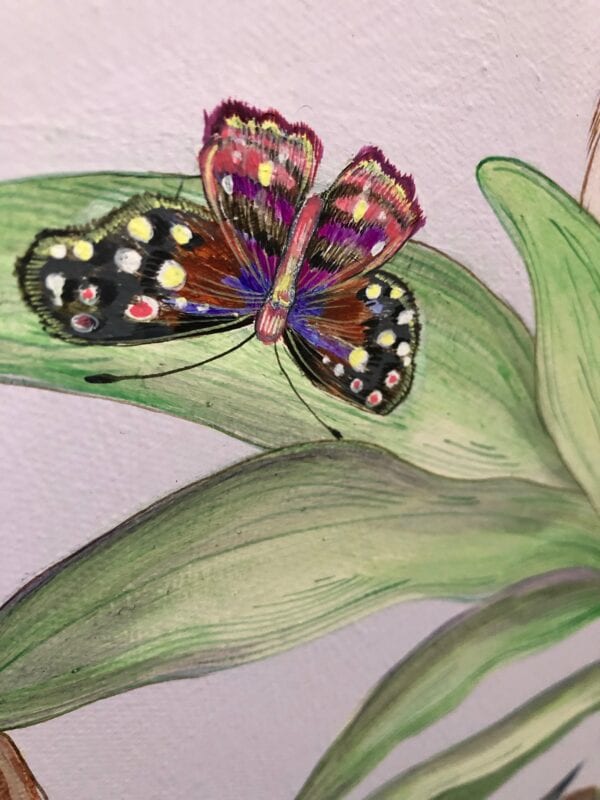 An original watercolor painting of a butterfly on a plant, inspired by Olivia's Garden aesthetic.