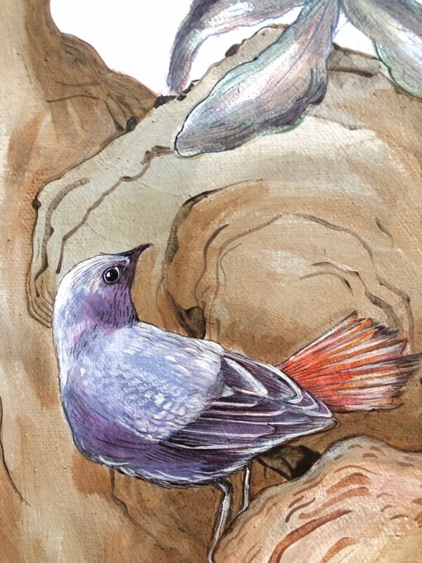 An affordable Olivia's Garden painting of a bird perched on a rock in a jungalow setting.