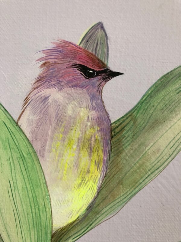 An original painting of a bird perched on a leaf, showcasing the beauty of Olivia's Garden.