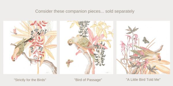 A set of four "Bird of Passage" jungle parrot Chinoiserie bird paintings of jungle birds and flowers.