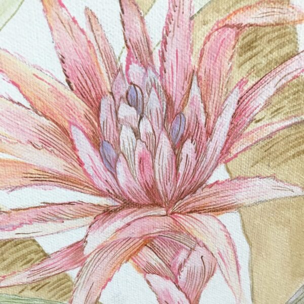 A watercolor painting of a pink flower set against a "Bali Ha'i" tropical island landscape painting.