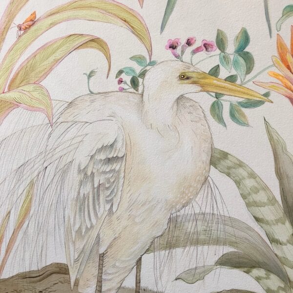 A painting of a white egret in a "Bali Ha'i" tropical island landscape painting setting.