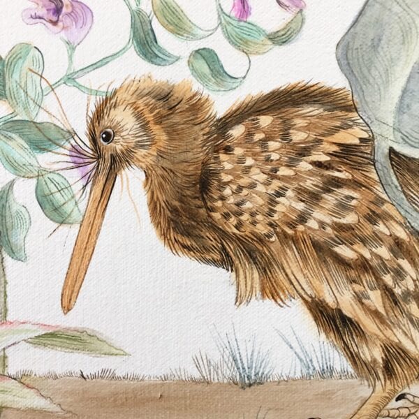 A watercolor painting of a kiwi bird set against a "Bali Ha'i" tropical island landscape painting.