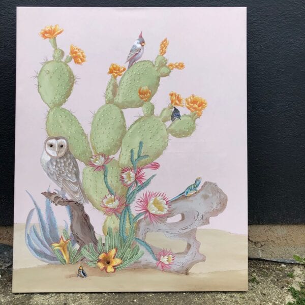 A "Sonoran Oasis" desert cactus art featuring an owl and cactus, set against a vibrant pink background.