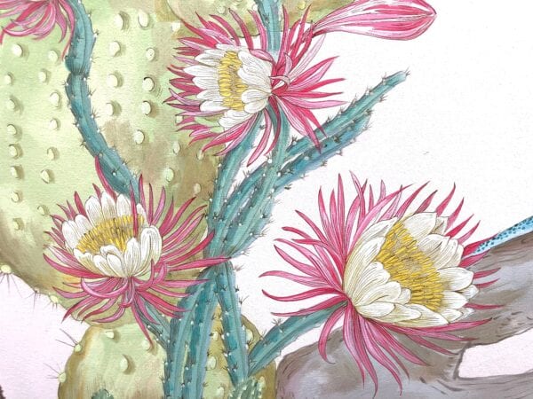 A watercolor painting of a "Sonoran Oasis" desert cactus art adorned with beautiful cactus flowers.