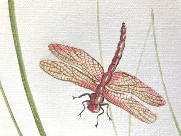 A painting of a dragonfly on green grass.