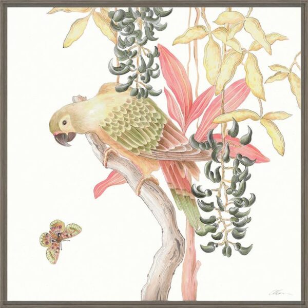 A "Bird of Passage" jungle parrot Chinoiserie bird painting of a parrot perched on a branch.