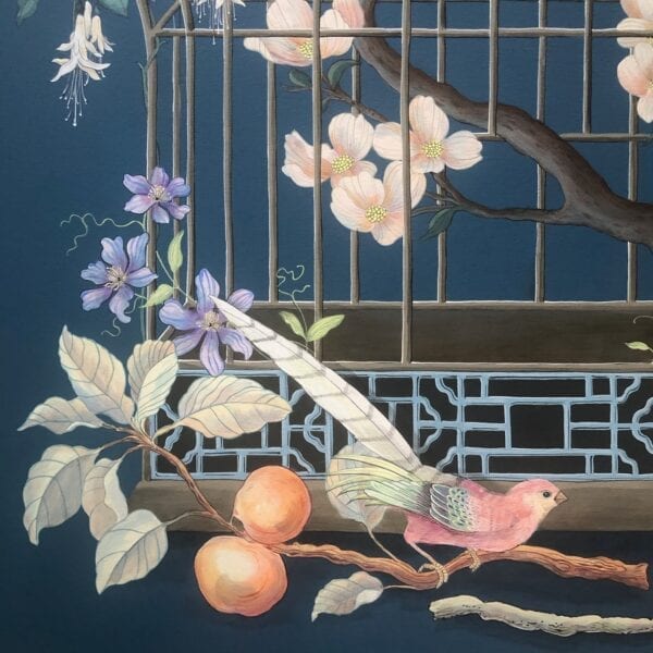 A painting of a bird in a cage with flowers.