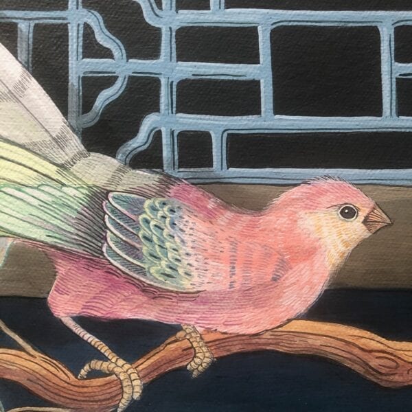 A painting of a pink bird on a branch.