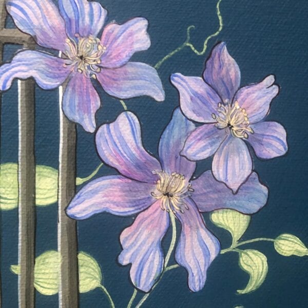 A painting of purple flowers on a blue background.