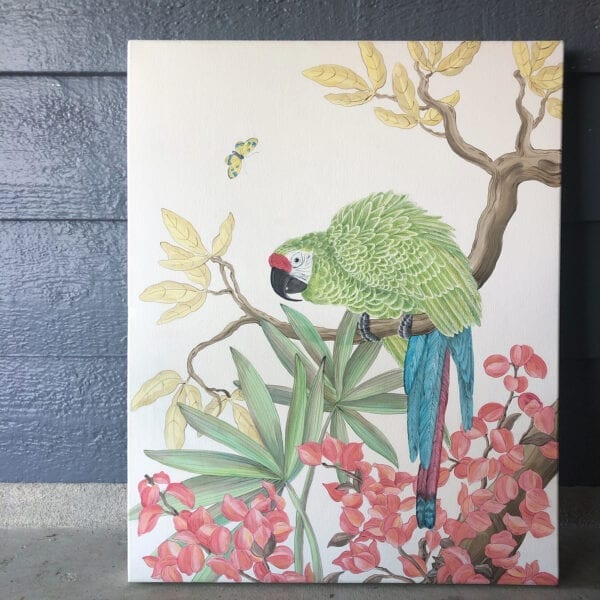 A "Welcome to the Jungle" Green Military Macaw parrot art print sitting on a branch, showcasing exquisite artistry.