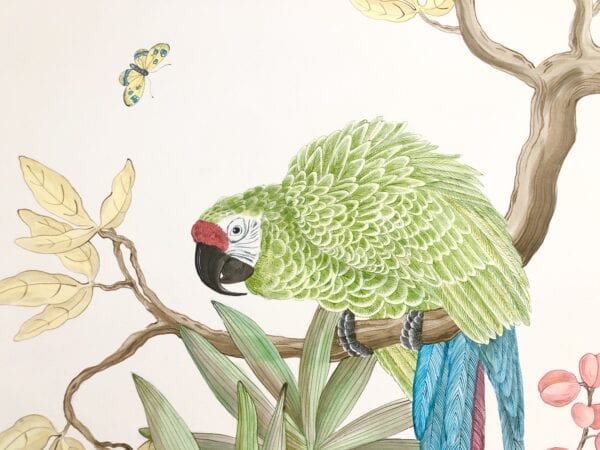 An exquisite "Welcome to the Jungle" Green Military Macaw parrot art print capturing the vibrant green macaw parrot perched gracefully on a branch.