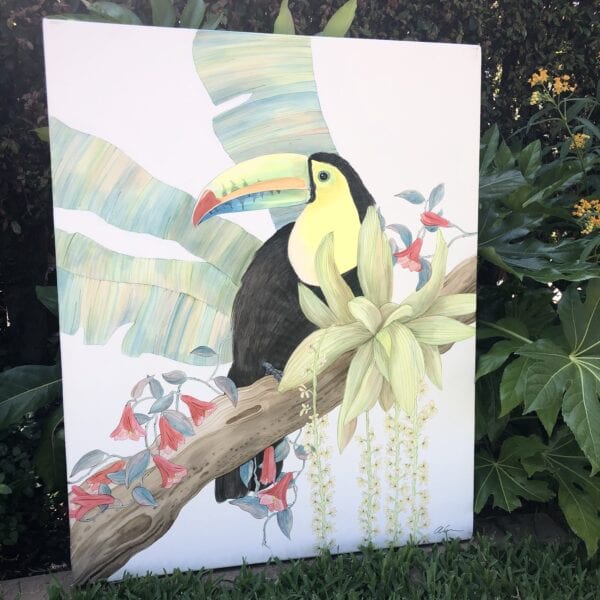 An affordable art painting of a Toucan Play at That Game sitting on a branch.