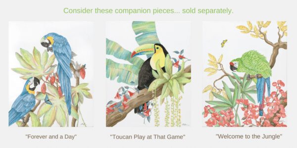 Four vibrant "Forever and a Day" Chinoiserie parrot macaw paintings on a tree branch.