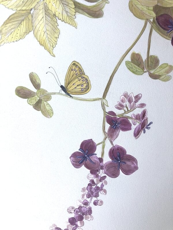 A watercolor painting of purple flowers and a butterfly featuring an "Owl You Need is Love" Owl painting.