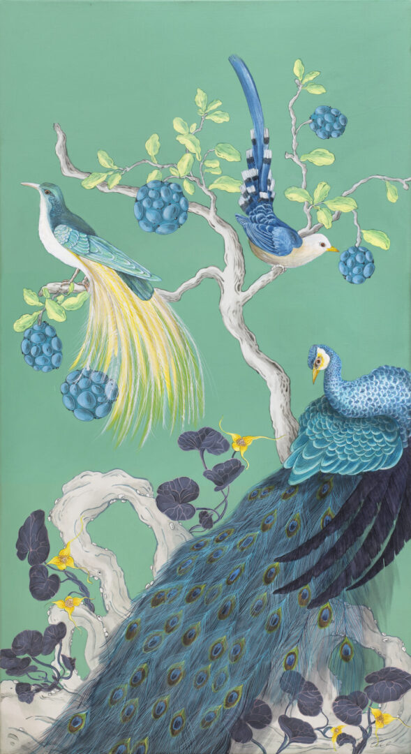 "The-Arrival"-Chinoiserie-peacock-painting-by-Allison-Cosmos