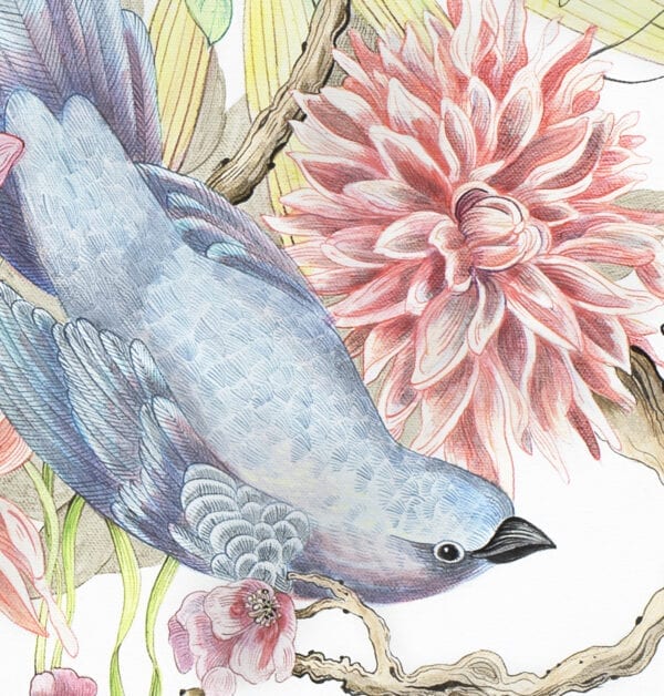 A blue bird perched on a branch, surrounded by a "Knowledge is Flower" flower portrait painting.