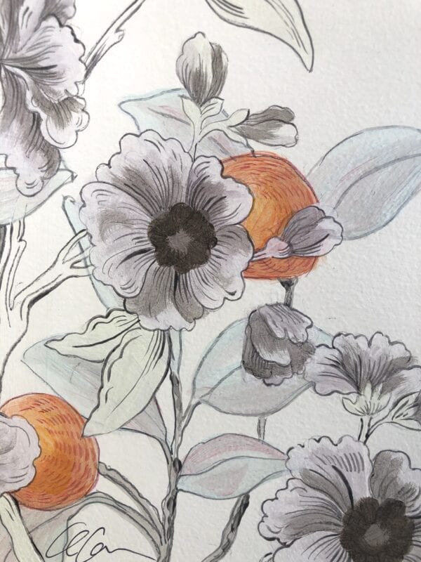 A drawing of orange flowers and leaves.