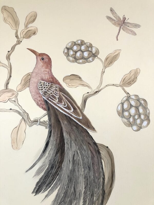 A painting of a bird perched on a branch.